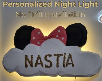 Personalized Cloud Night Light for Kids – Handmade Baby Girl Style Lamp with Name – Nursery Wall Light Battery Powered Magnetic Mount