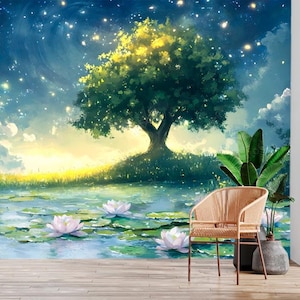 Fairy Tree Lotus Wall Mural for bedroom Whimsical Fairy Tree Wallpaper Enchanted Forest Wall Mural for Kids Room Peel and Stick Wallpaper