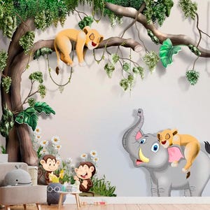 ライオンカブ象サル壁壁画赤ちゃん動物背景キッズルームデカール動物壁壁画保育園用カスタマイズ可能なライオン取り外し可能なデカール