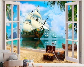 Pirate ship wall mural for a boy Treasure Island Wallpaper Boy Room Sticker Wall Nursery Photo Mural peal and stick Customizable Wallpaper