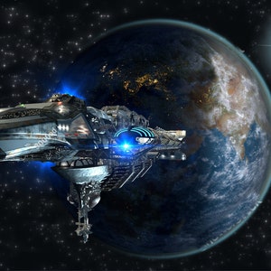 May include: A large, futuristic spaceship flies past a blue and green Earth with a bright star in the background.