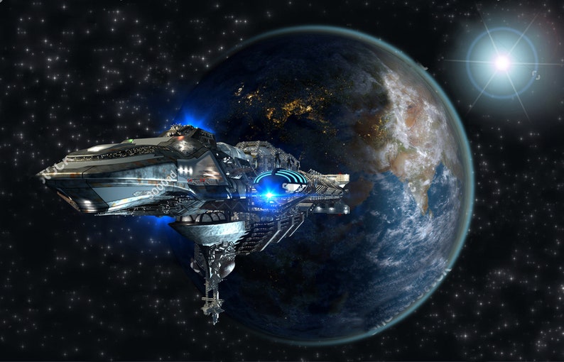 May include: A large, futuristic spaceship flies past a blue and green Earth with a bright star in the background.