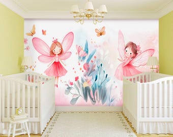 Pink Fairies Wall Mural Baby Girl Nursery Floral Wall Papers Princess Light Pink Rainbow Wall Decal Customizable Kids Wallpaper Removable