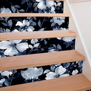 Botanical Stair Stickers Flowers on Black Background Stair Risers Peel and Stick Floral Pattern Customizable Stair Decal Removable Navy