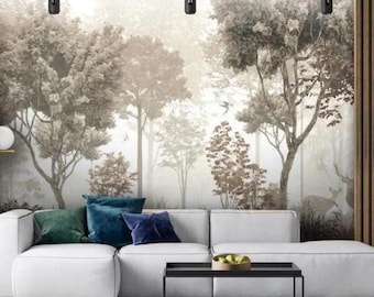 Forest Wall Mural – Woodland Scenic Wallpaper with Deer – Neutral Nature Wall Decor for Living Room, Bedroom, Office – Large Custom Size