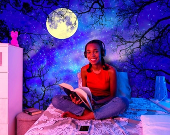 Mural de estrellas nocturnas, luna en el cielo, calcomanía de techo, decoración de techo, cielo nocturno, papel tapiz para dormitorio, mural para niños, papel tapiz extraíble, murales personalizables