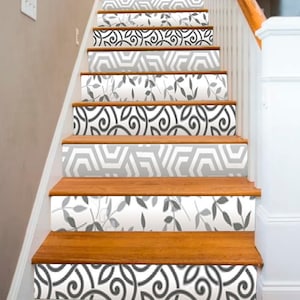 White Black Floral Geometry Pattern Black and White Stair Riser Sticker Mural Photo Mural Vinyl Decal Wallpaper