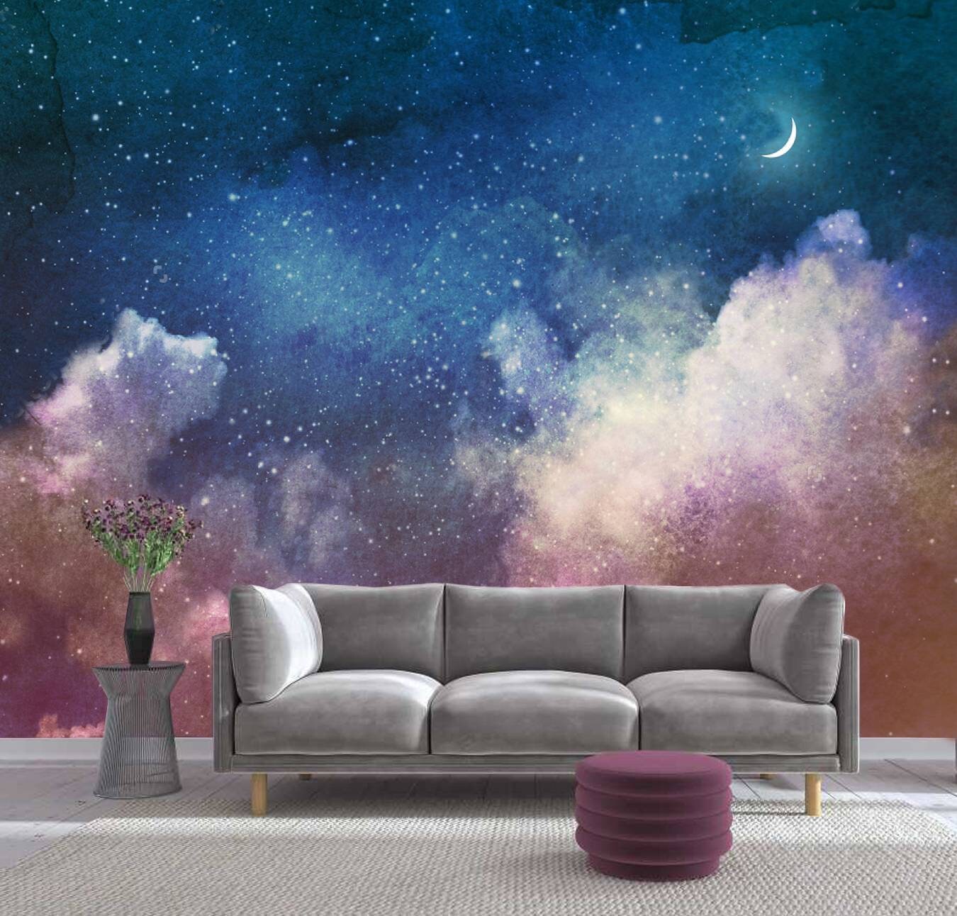 Sternenhimmel und Halbmond - Aquarell Wandbild - Ruhiges Schlafzimmer  Tapeten Dekor - Abnehmbare Tapete Individualisierbares Himmel Wandbild -  Etsy Österreich, image size:1350x1292