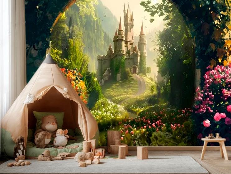 Magic Castle in Floral Arch Wallpaper CUSTOMIZABLE Girls Nursery Castle Wall Mural Princess Castle Green Forest Wallpaper PERSONALIZED Mural