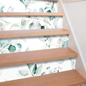 Leaves Gray Blue Stair Stickers White Blue Leaves Watercolor Peel and stick Stair Riser Panels Customizable Staircase Decals Removable