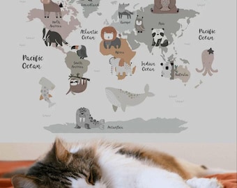 World Map Nursery Wallpaper – Cute Animal Wall Mural for Kids Room – Educational Baby Room Decor – Peel & Stick Removable