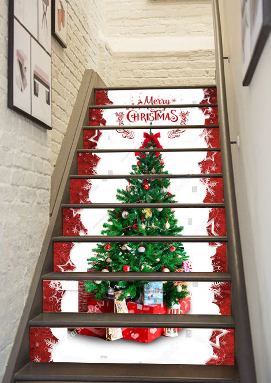 Christmas Tree in Red Stair Decor Snowflake Stairway Decoration ...