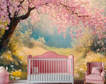 Whimsical Forest Wall Mural for Kids Room – Blooming Sakura tree Wallpaper – Removable Nursery Wall Decor –Enchanted Forest Bedroom Backdrop