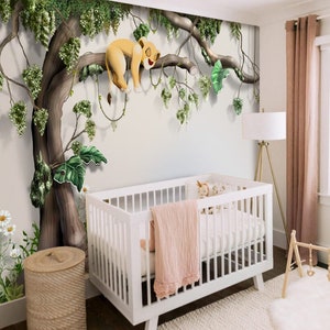 Große Tapete, Baby-Affen und Löwen-Hintergrund, Kinderzimmer-Tapete, Tier-Aufkleber, Wand- und Kinderzimmer-Fotowandbild, selbstklebend, exklusives Design