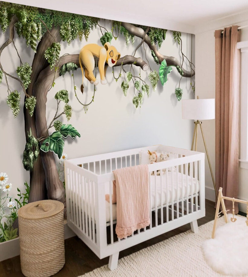 Baby-Affen und Löwe-Hintergrund, Kinderzimmer-Tapete, Tier-Aufkleber, Wand- Kinderzimmer-Foto-Wandbild, selbstklebende Fototapete im exklusiven Design  - Etsy Schweiz