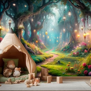 Magical forest with mushrooms Fairy wallpaper kids wall mural Wall Mural Peel and Stick Photo Wallpaper Customizable Fairy Forest Removable