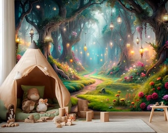 Quadri su tela con funghi fantasia, decorazione da parete colorata con fiabe e foresta incandescente, poster decorativo da parete per la casa
