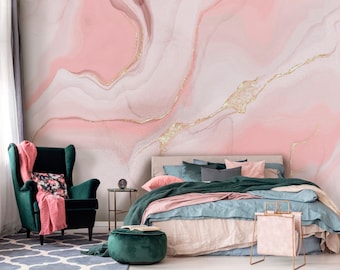 Pale Rose Pink Fluid Wall mural Pink Marble Wallpaper Bedroom decor Baby girl Wall Mural Customizable wall decal Pink Gold Fluid Removable