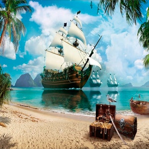 Carta da parati con una nave pirata per la camera di un adolescente Carta da parati L'isola del tesoro Carta da parati personalizzata in stile pirata Decalcomanie con nave pirata per la camera dei bambini