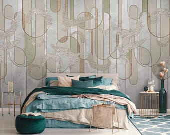 Art Deco Wall Mural – Geometric Botanical Wallpaper with Elegant Leaf Pattern – Modern Neutral Accent Wall Décor for Living Room & Bedroom