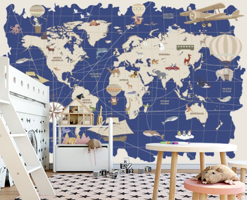 World Map Animals Kids Room Wallpaper Sticker Wall Nursery Mural Self Adhesive Exclusive Design Photo