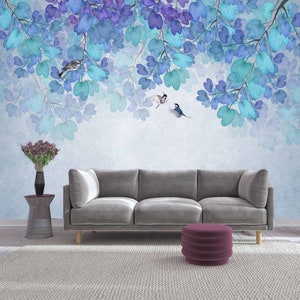 Türkis Blau Blümchen Blätter Vögel Muster Zweige Kinder Tapete Wand FotoTapete selbstklebend exklusives Design Fototapete