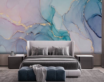 May include: A bedroom interior with a bed, two nightstands, and a footstool. The wall behind the bed features a large abstract painting with blue, purple, and gold colors.