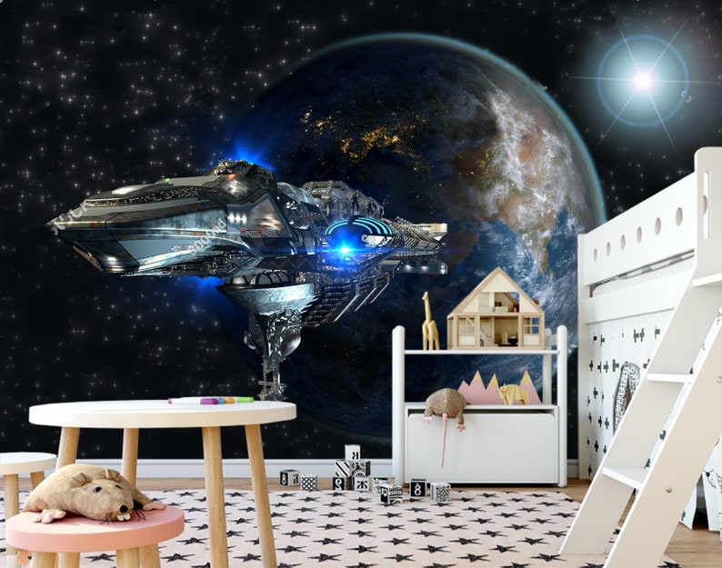 May include: A black and silver spaceship flies past a blue and green planet in a dark space with stars. The spaceship has a blue light coming from the front. The scene is a mural on a wall in a child's room.
