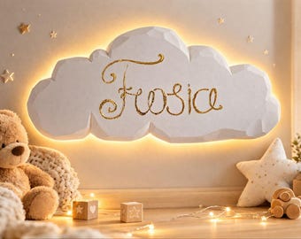 Personalized Cloud Night Light for Kids, Custom Name Wall Lamp, Nursery Decor, Baby Room Lighting, No Drill Magnetic LED Light, Handmade Gif