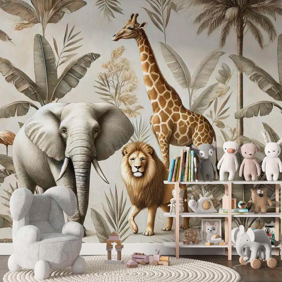 Giraffe Wall Mural – Safari Jungle Wallpaper With Elephant & Lion ...