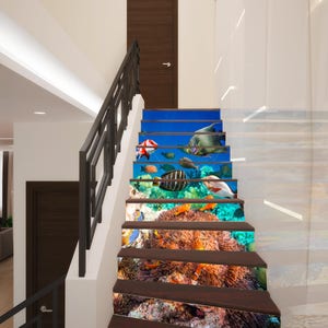 3D Fishes Stairway Decoration Adhesive Vinyl Stair Riser Panels Stairs Risers Stickers Mural Photo Mural Vinyl Decal Wallpaper Removable