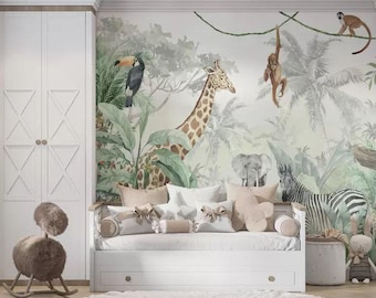 Safari Jungle Wall Mural – Kids Safari Wallpaper with Animals – Nursery Wall Decor for Baby Room – Jungle Safari Removable Wallpaper