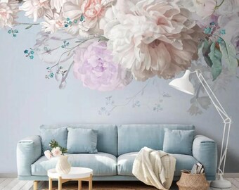 Floral Wall Mural Peony Rose on Blue Pastel Botanical Wallpaper for Bedroom Nursery Living Room Large Custom Size