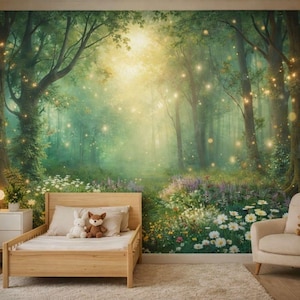 May include: A whimsical bedroom scene featuring a mural of a magical forest with glowing lights. A wooden bed, a cream-colored armchair, and a nightstand with a cloud-shaped lamp complete the enchanting decor. Soft toys add a playful touch.