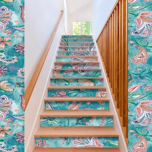 Flower Blue Pattern Tiling stair riser stickers Pink Blue Vintage Flower Stairway Decoration peel and stick Stair Riser Stickers Removable