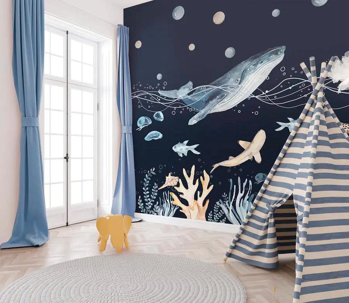 Whale Ocean Fish Boy Wall Mural Ocean Wallpaper Nursery Wall Sticker ...