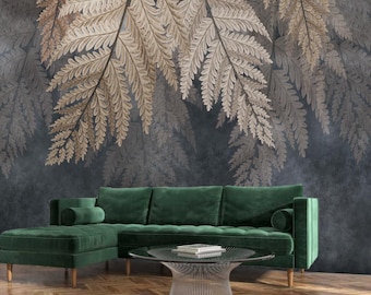 Fern Wall Mural – Large Botanical Wallpaper with Tropical Leaves – Modern Jungle Wall Decor for Living Room, Bedroom, Nursery or Salon