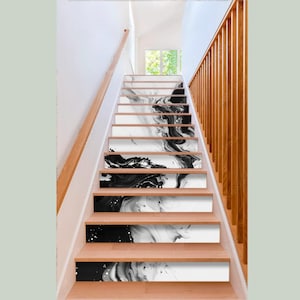 Abstract Waves Black White Stair Stickers Pattern Black White Watercolor Stair Panels peel and stick Stair Riser Decal Removable Abstract