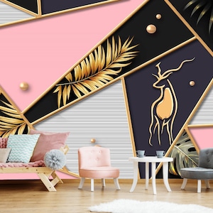 Abstract vector 3D geometry Pink Gold Black wall mural Botanical Animal wallpaper golden deer golden leaves Exclusive Design Photo Wallpaper