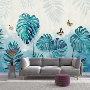 Tropical Turquoise Gray Leaves Butterflies Kids Room Wall Sticker decor Self Adhesive Exclusive Design Photo Wallpaper