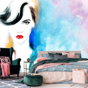 Abstract Watercolor Fashion Background Woman Wallpaper Design Beautiful Lady Face Beauty Salon Wallpaper Vinyl Wallpaper Exclusive Design