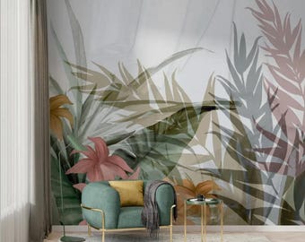 Tropical Botanical Wall Mural with Flowers and Leaves – Large Modern Jungle Wallpaper for Bedroom, Living Room or Custom Floral Wall Decor