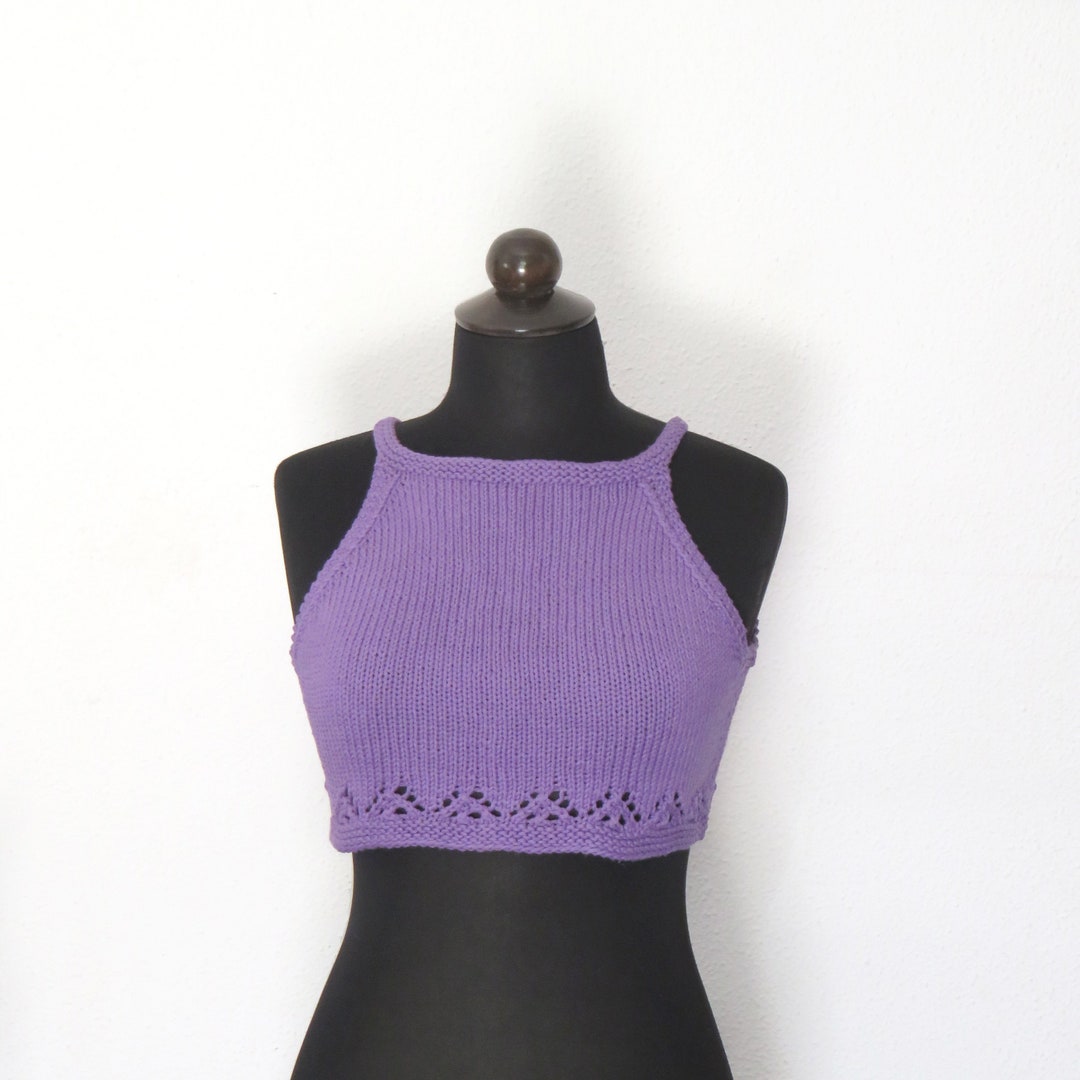 Knitted Crop Top With Lace Detail/ Summer Cotton Halter Knit/ - Etsy