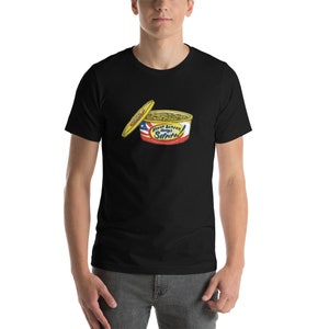 May include: A black t-shirt with a graphic of an open can of sardines. The can is yellow with red and blue accents and the text "Never Argue With A Sardine" printed on it.