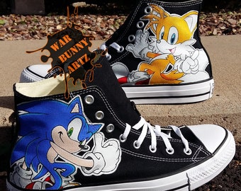 Sonic the Hedgehog (Sonic & Tails) - Video Game / Cartoon Inspired - Custom Hand Painted - Converse Sneakers
