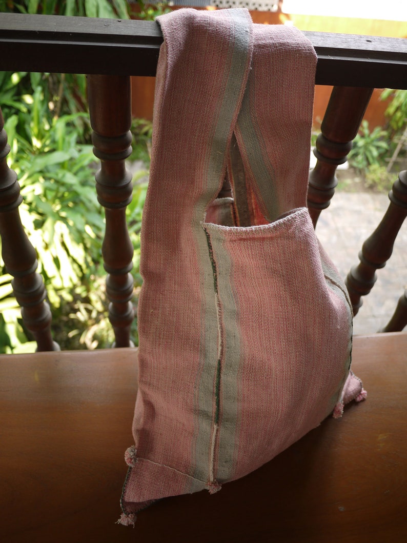 asian Karen tribal textile bag handwoven pink dyed cotton village handmade Bag made from handwoven Karen cotton textile Fairtrade