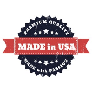 May include: A distressed, circular, blue and white label with a red ribbon. The label reads "Premium Quality Made in USA Made with Passion" with five white stars.