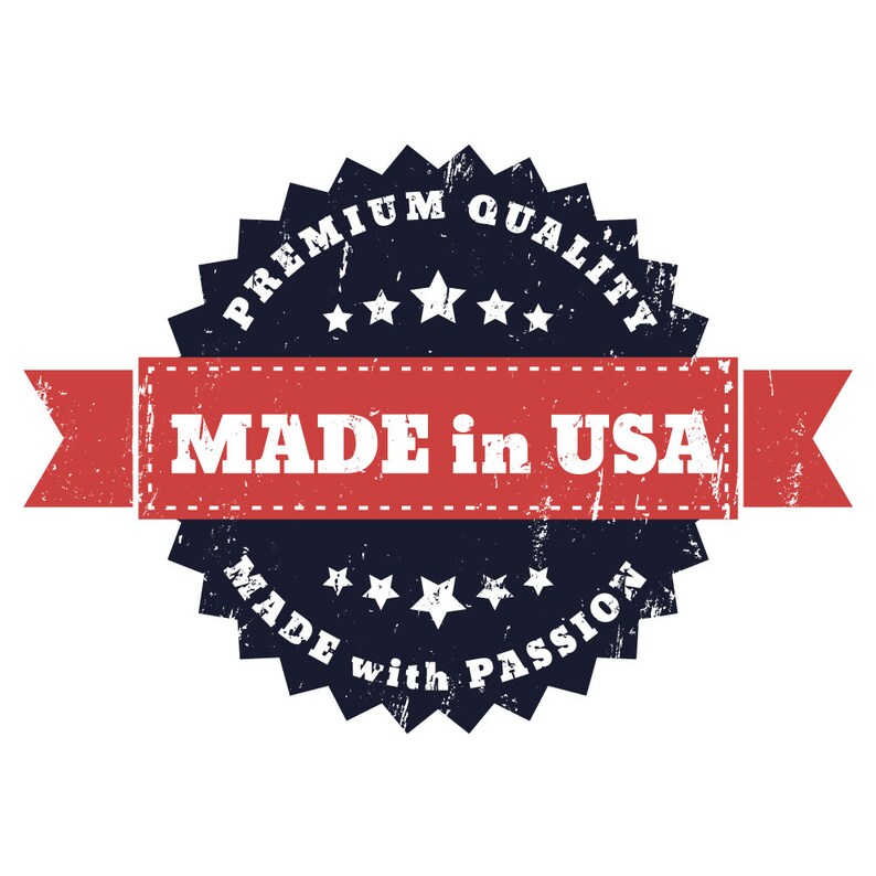 May include: A distressed, circular, blue and white label with a red ribbon. The label reads "Premium Quality Made in USA Made with Passion" with five white stars.