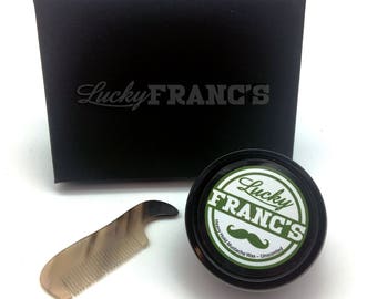 Mustache Wax & Natural Horn Pocket Comb Gift Set. Great Gift for Men! All Natural and Hand Made *Lucky Franc's*