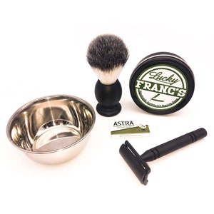 Shaving Gift Set. Black DE Safety Razor, Shave Brush, Bowl, Shaving Soap, and blades wet shave kit.